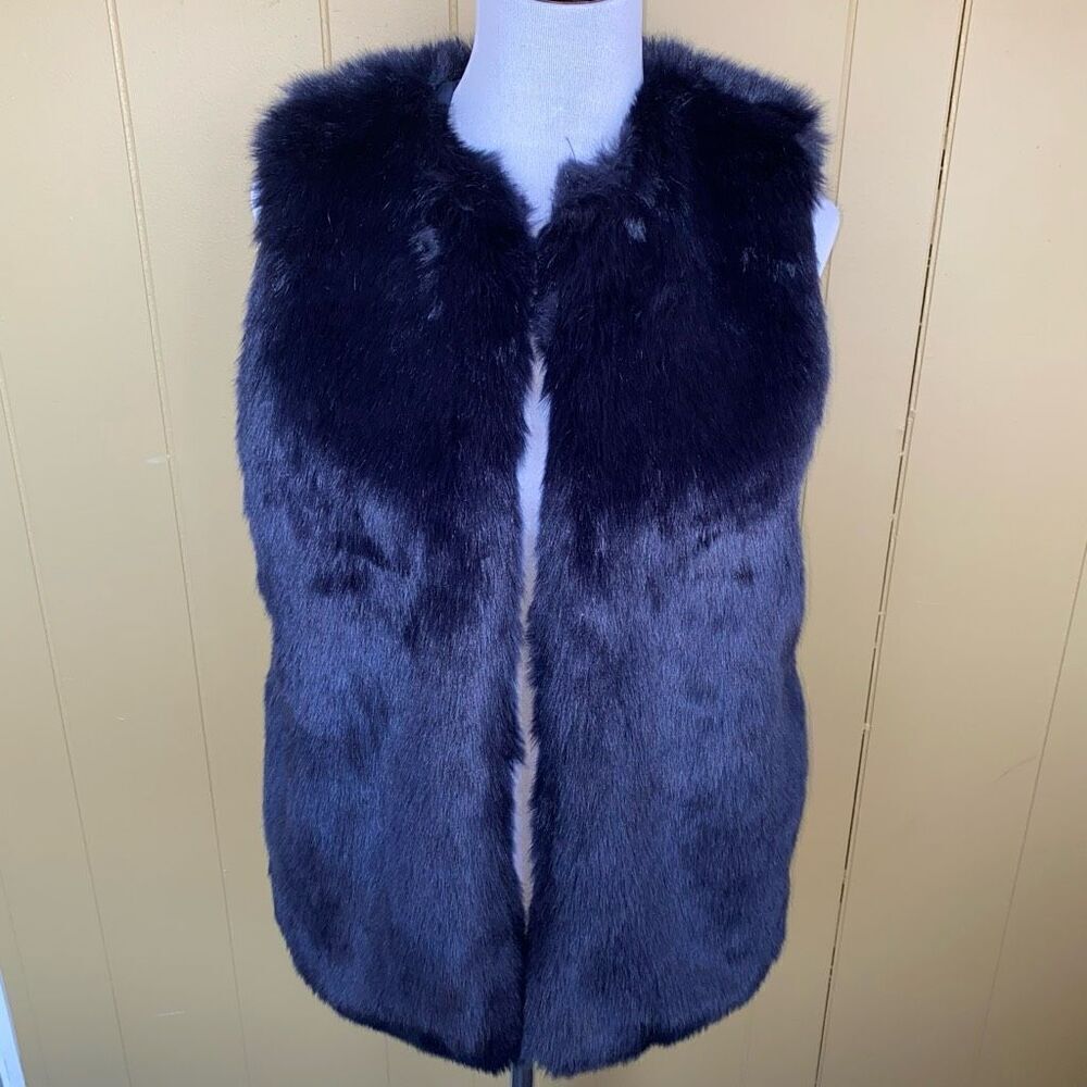 A New Day women S open front sleeveless faux fur jacket navy blue